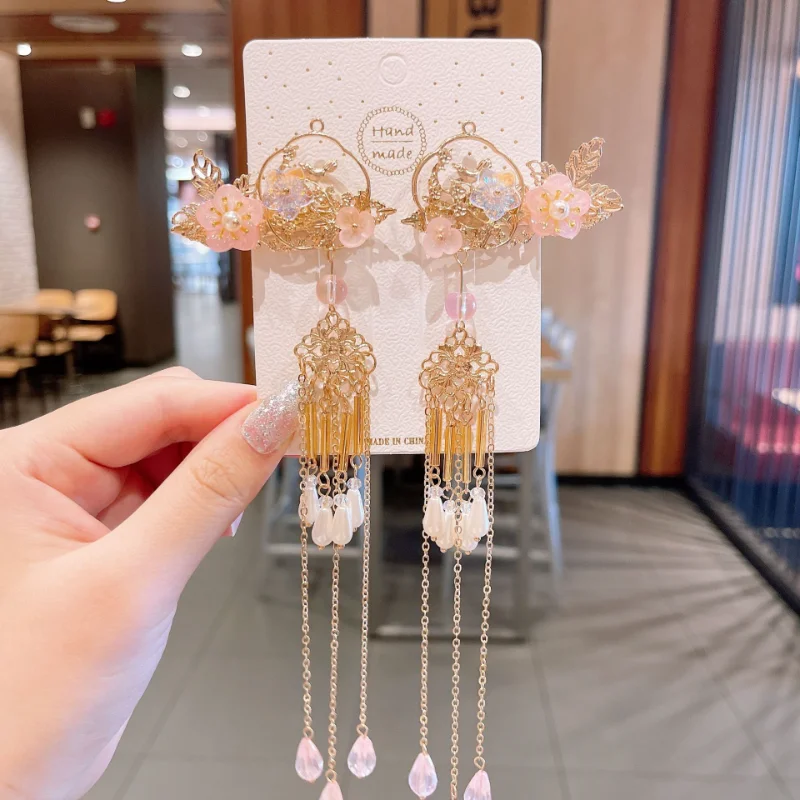 IHUES Chinoiserie Headdress Suit children Hairpin Transparent Flower Hair Clip Step Shaking Tassel Butterfly Hair Ornament