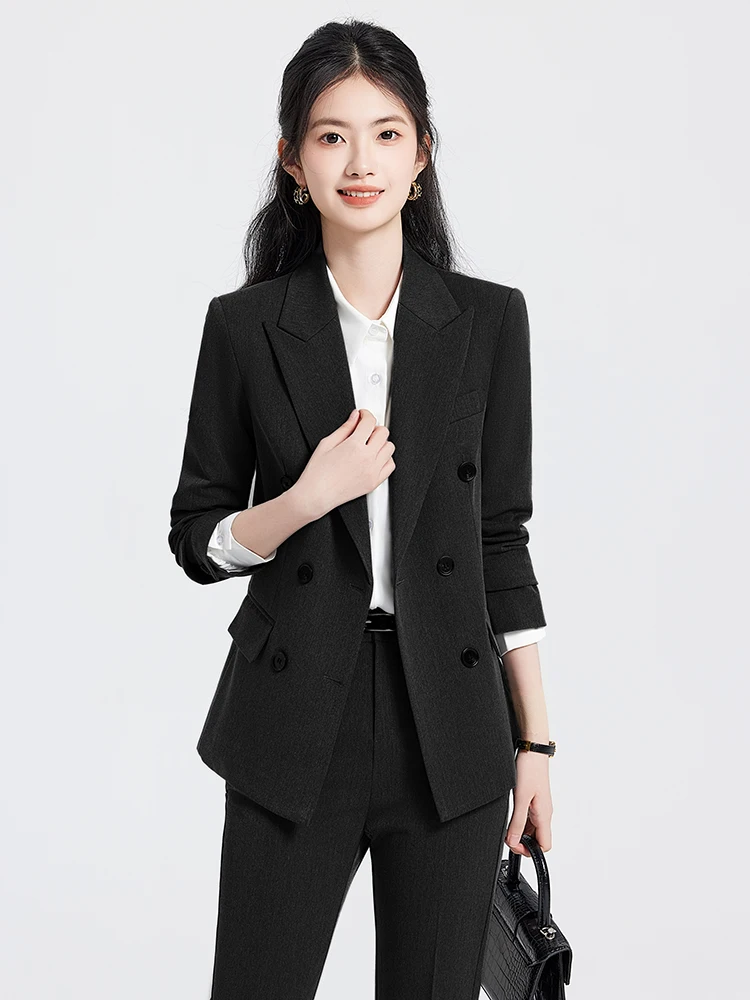 Gray Suit Set for Women Spring New Style Office Interview Formal British Style Double Buttoned Suit Commute Style Slim Fit Po...