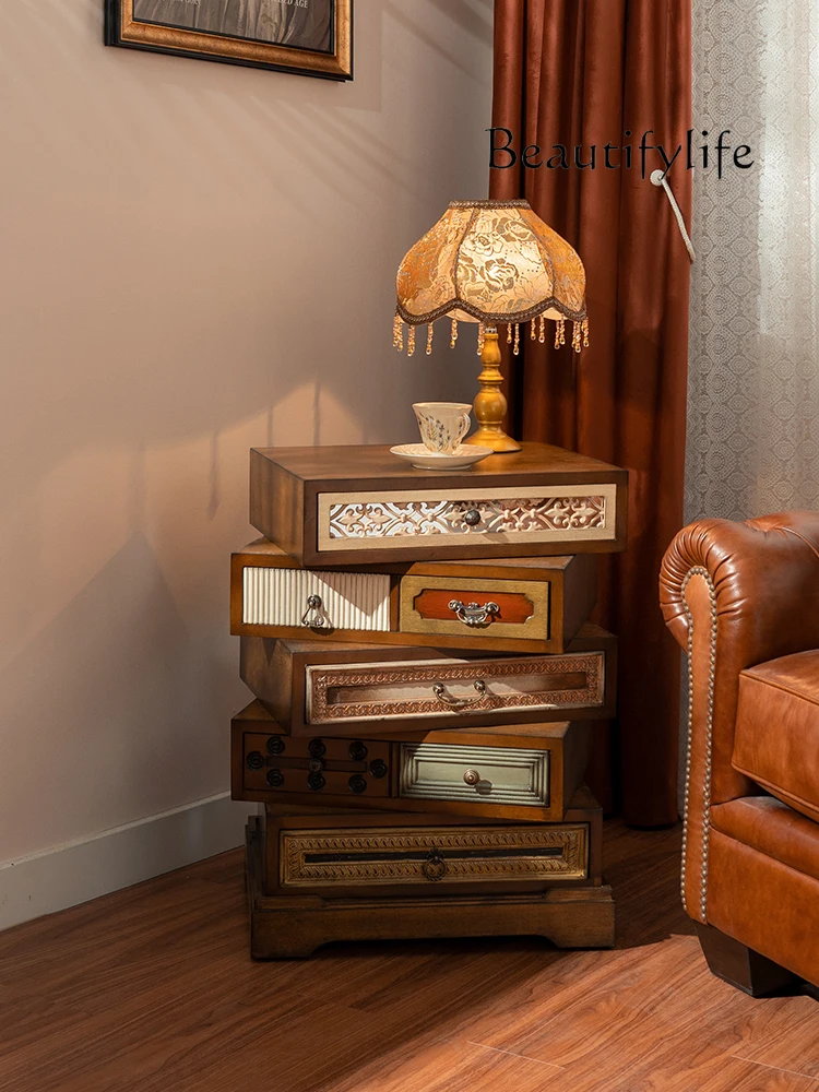 

American Retro Rotating Bedside Table Antique Solid Wood Storage Cabinet