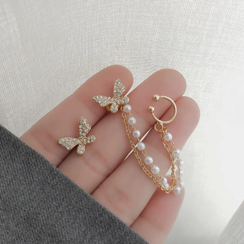 Korean Elegant Rhinestone Butterfly Stud Earrings For Women Girls Cute Fashion Metal Cuff Chain Tassel Boucle D'oreille Jewelry