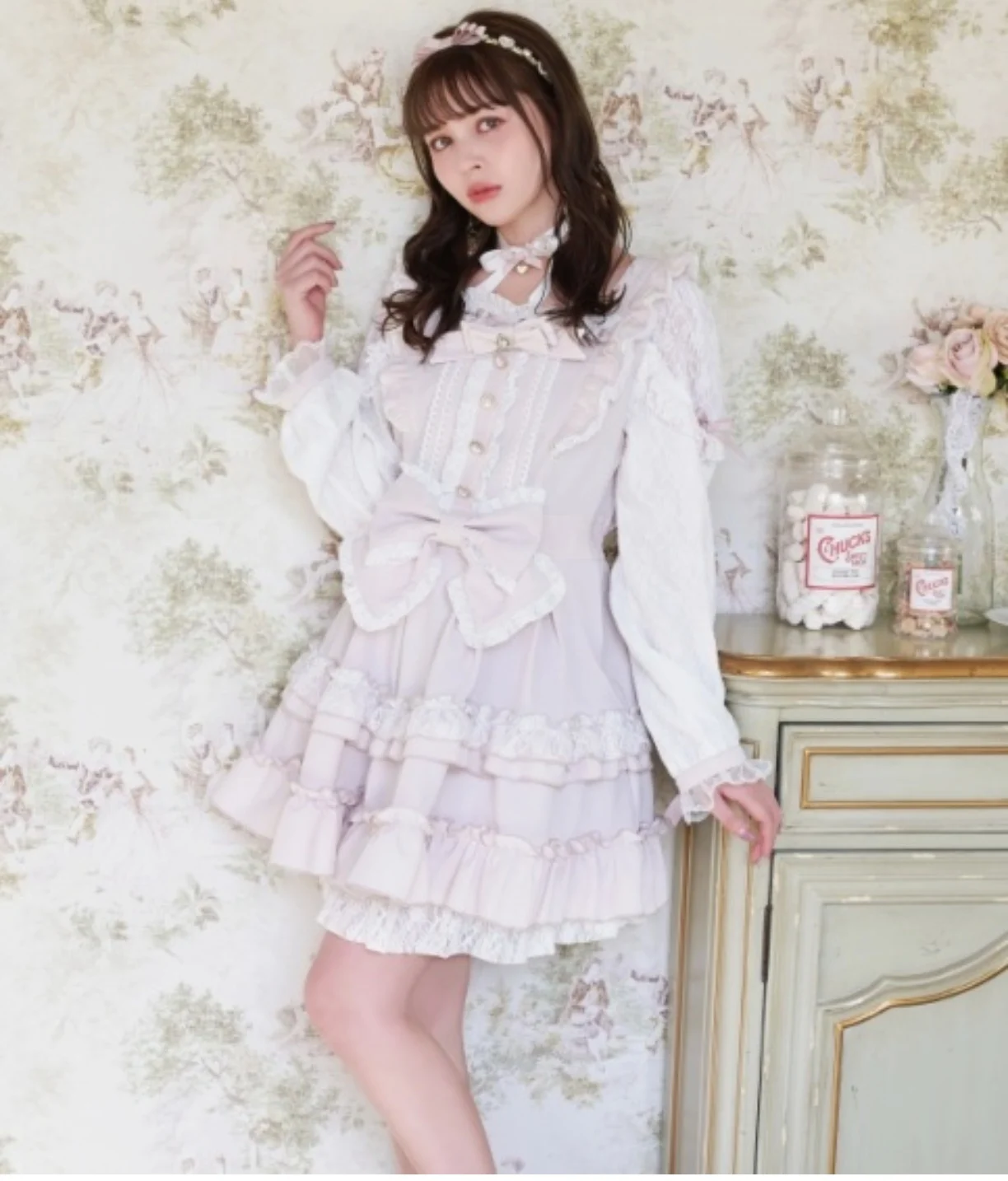 Japanese Style Liz Lolita Long-sleeved Dress Female Cute Sweet Girls Mass- Produced Short Dresses Women's Bow Lace Dress Spring