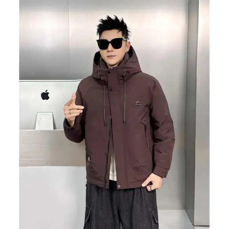 

Winter Men's Casual Versatile White Du down Warmth Workwear Top Outdoor Hooded Jaet Youth Trend Regular Length PU Material