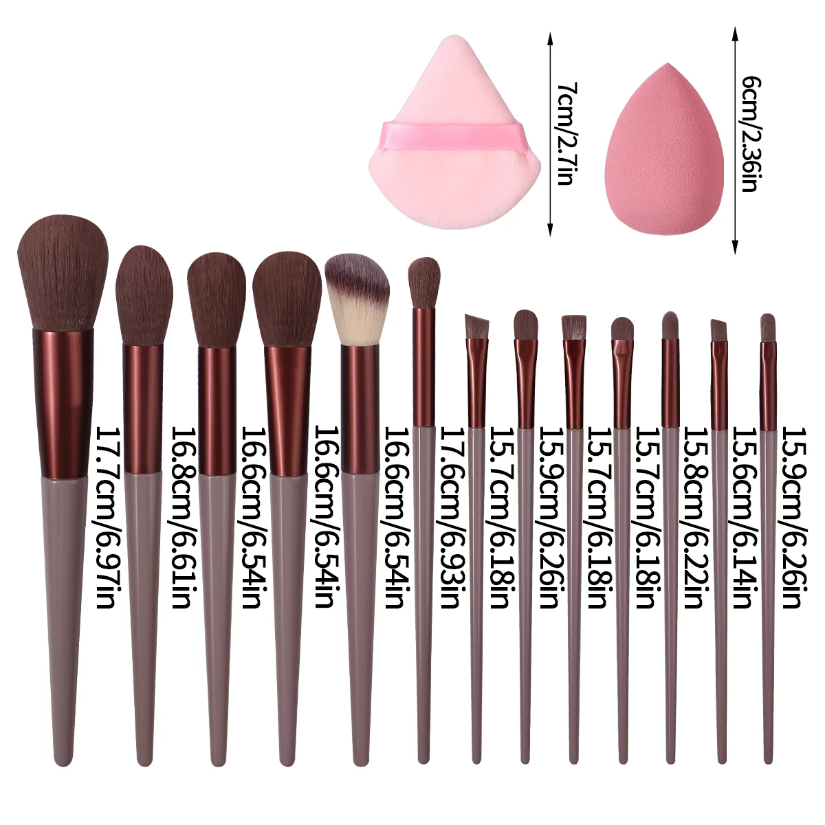 The 17PCS high-quality makeup brush set includes a multi-purpose facial makeup set brush, a beauty egg/triangular powder puff