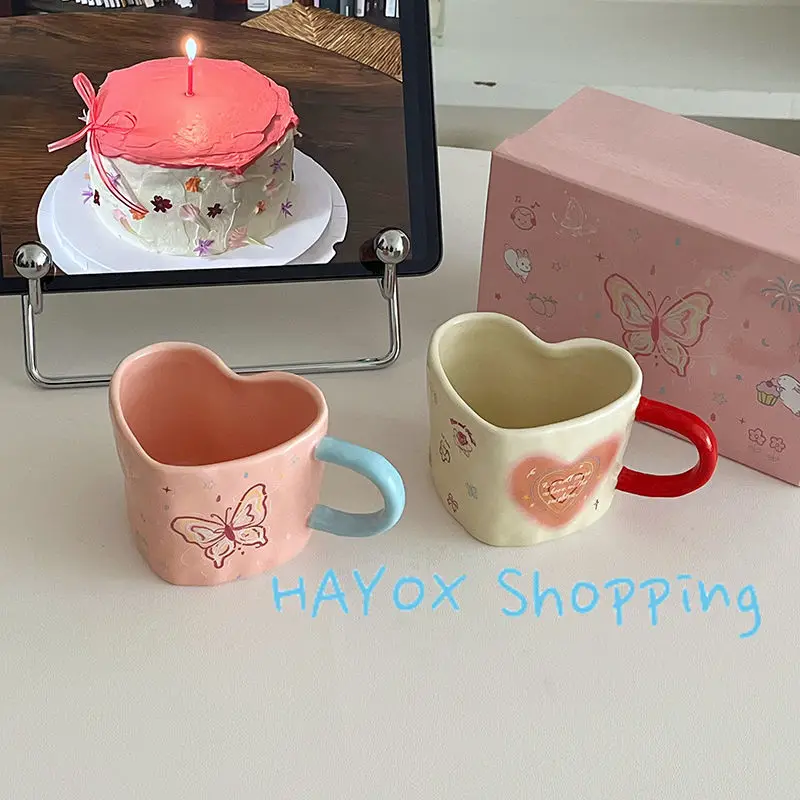

Love Butterfly Freehand Painting Coffee Cup，Cute Graffiti Afternoon Tea Cup，high Appearance Level Mug Birthday Gift Ceramics Mg