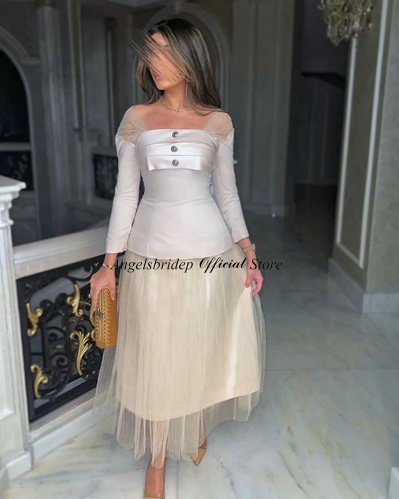 Angelsbridep A-line Prom Dress Off The Shoulder Tea Length Robe De Soiree Vestidos De Fiesta Elegantes Para Mujer Party Gowns