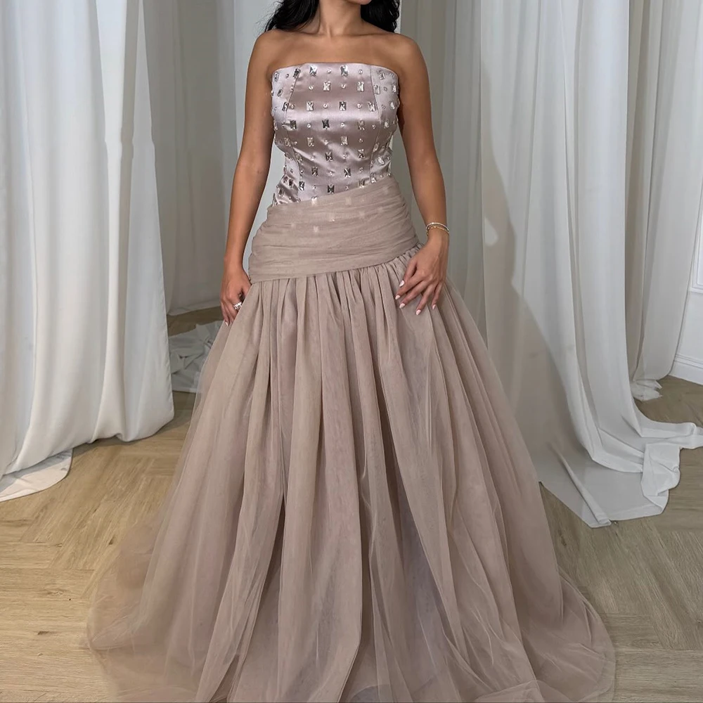 

Вечерние платья трапециевидной формы по индивидуальному заказу, длиной до пола, без бретелек, без рукавов, платье для выпускного вечера, модное простое драпированное вечернее платье со складками и кристаллами