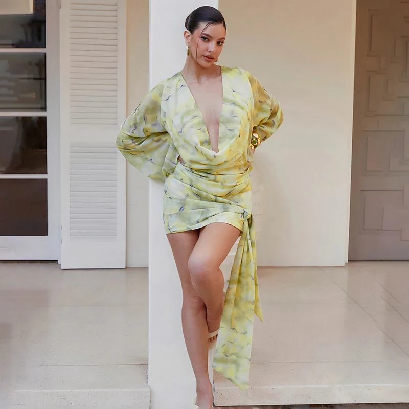 CUTENOVA Women'S Fall New Arrival Floral Tie-Dye Print Off-Shoulder Bell-Sleeve Ribbon-Trimmed Short Dress Chic Streetwear