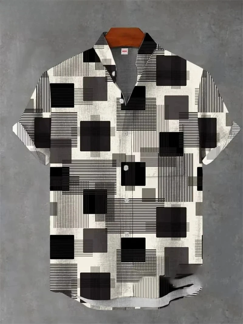 New men's short sleeved linen shirt with geometric pattern 3D printing, Hawaii casual vacation fashion lapel button top