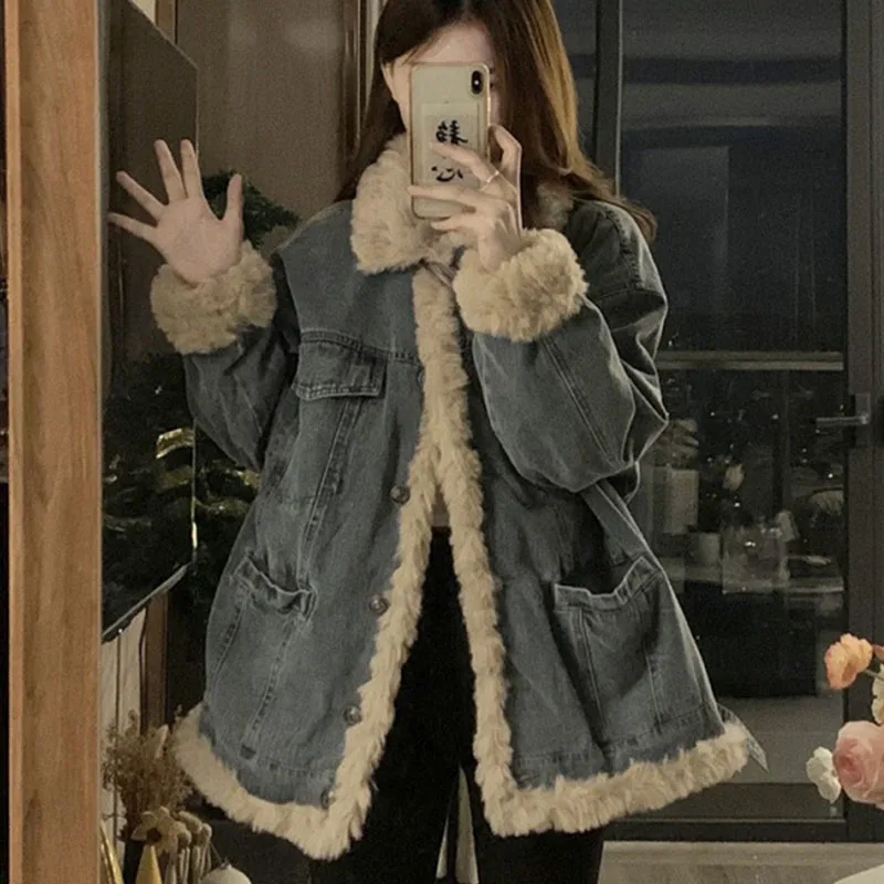 

Новинка 2023 года, ковбойское пальто из овечьей шерсти, женские осенне-зимние джинсовые топы, свободная утепленная хлопковая одежда, студенческая хлопковая стеганая куртка для девочек
