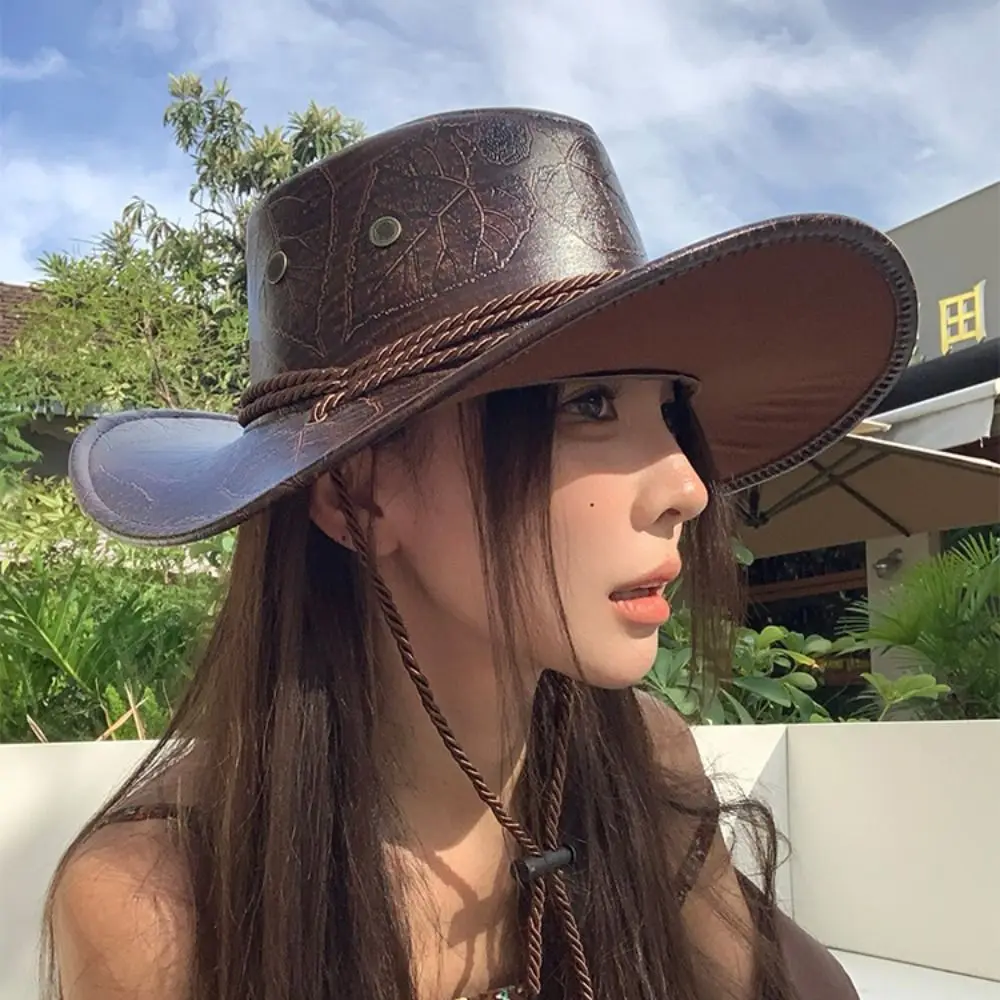 

Punk Ethnic Style Western Cowboy Hat Roll Brim Wide Brim Cowgirl Jazz Hat Solid Color Polyester Visor Cap Cosplay