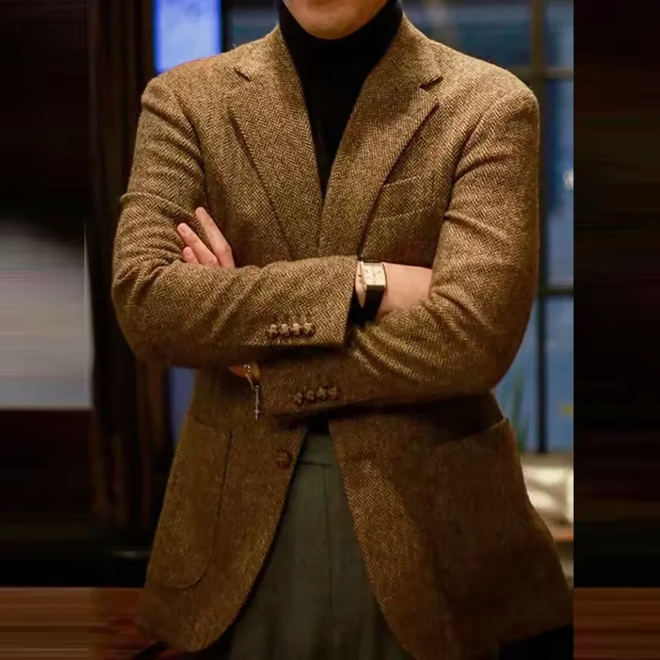 British Men's Herringbone Tweed Blazer Wool Blend Notch Lapel Slim Fit Dress Jacket 2 Button Business Casual Spring Sport Coat