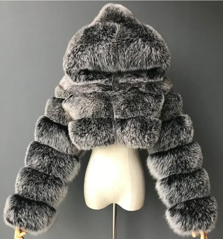 New Winter Women Faux Fox Fur Coat Thick Warm High Quality Full Sleeves Fur Fashion Hooded Fluffy Short Faux Fur Jacket Crop Top