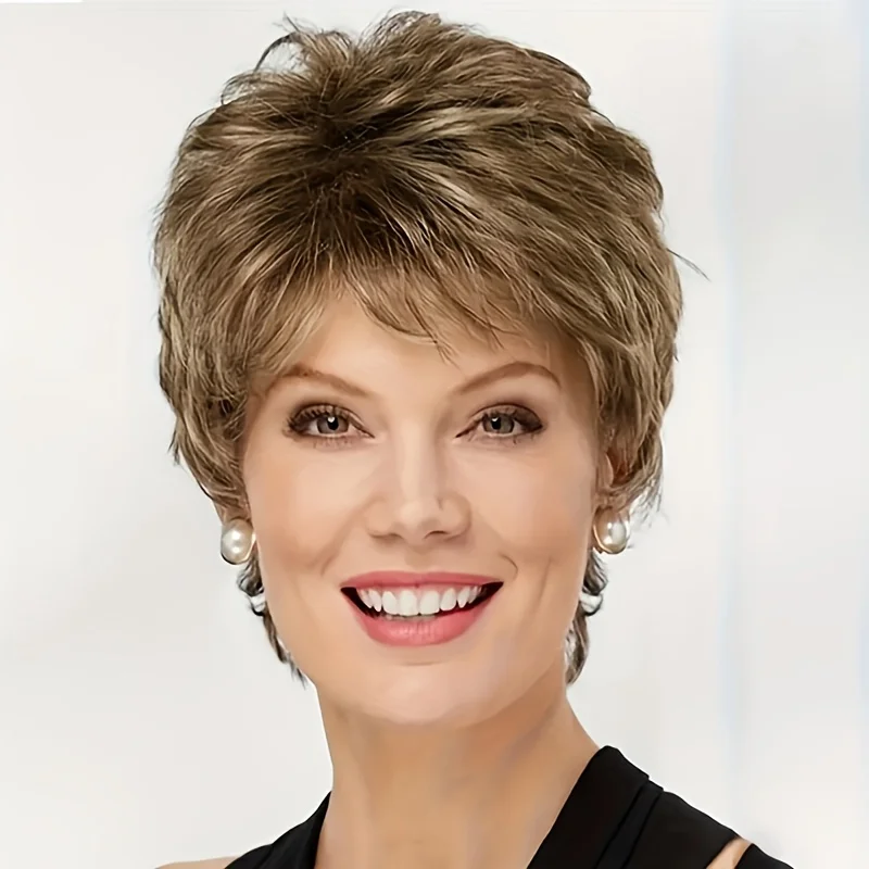 

Женский короткий многослойный парик светло-коричневого цвета с блонд-оттенками, термостойкий, из синтетических волос, для повседневной носки