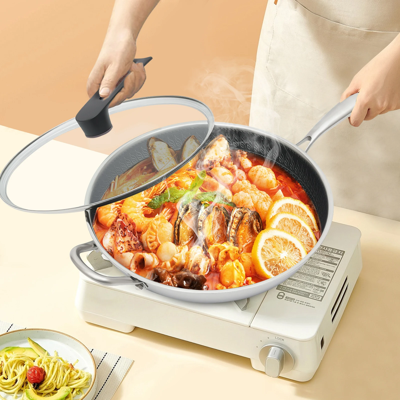 مقلاة من الفولاذ المقاوم للصدأ، وعاء من الفولاذ المقاوم للصدأ مع غطاء، مقلاة للاستخدام المنزلي، لمواقد الغاز، المواقد التعريفي، مواقد السيراميك