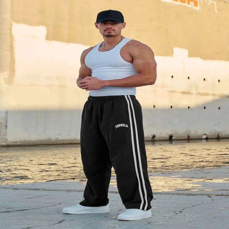 2025YA Men's Sports Pants Double Strip Splicing Printed Casual Pants Gym Fitness Mid Waist Straight Leg Pants