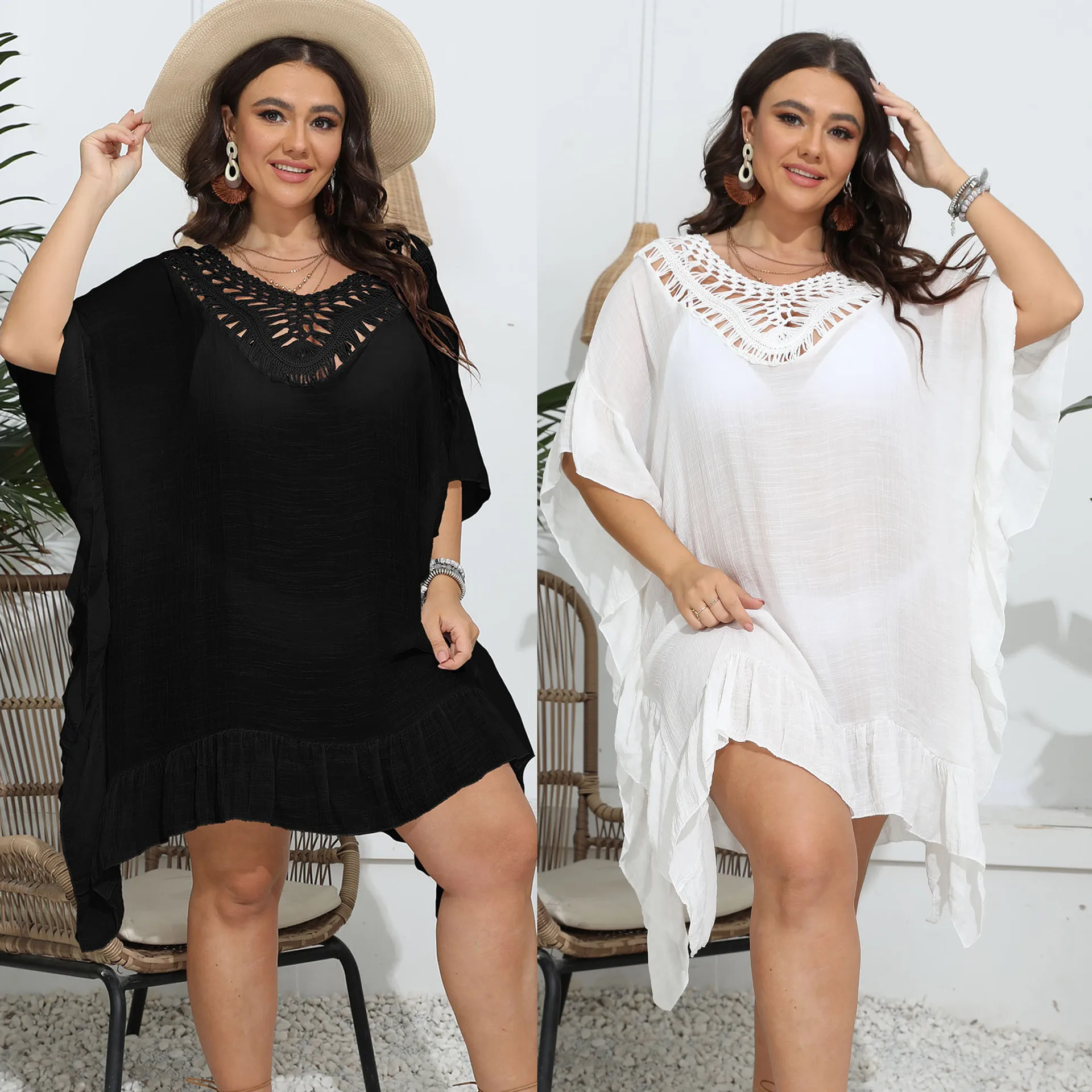 Plus size oversize babados oco crochê pescoço feminino banho bikini cover ups casual vestido de praia túnica branco preto