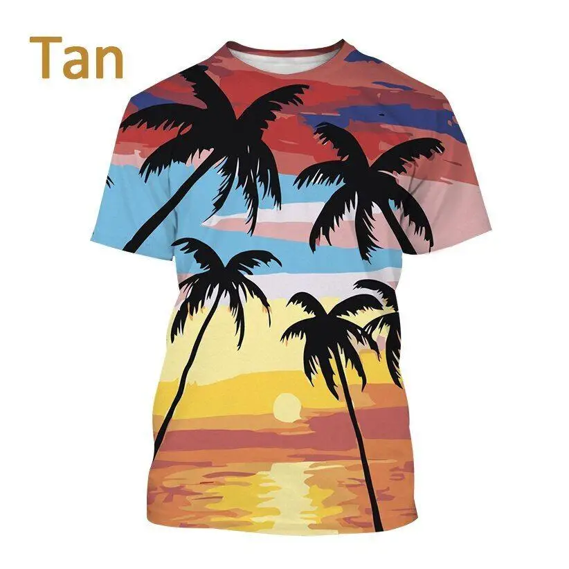 Summer Men\'S T-Shirt Beach Coconut Tree Scenery Foreign Style Short Sleeve Designer Print Oversized O-Neck Harajuku Street Shirt