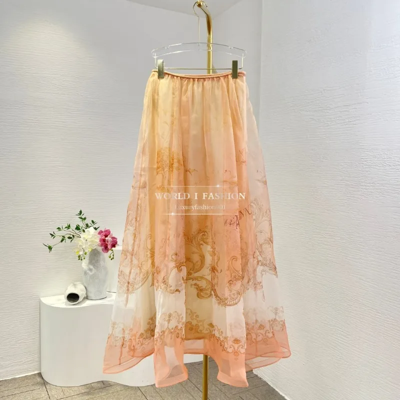 

Orange Map Print Midi Skirt Silk 2025 High Quality