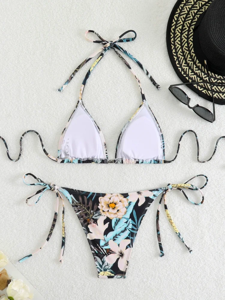 Bikini Vrouwen Badpak 2023 Nieuwe Bloemenprint Halter Bikini Set Sexy Lace Up Badmode Zomer Tweedelige Strand Badpak Vrouwelijke