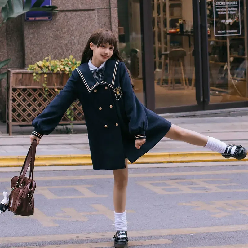 

NONSAR Double-breasted Navy Blue Coat Women Spring Autumn New Year's Woolen Jackets Japanese Style College Jk Uniform Overcoat