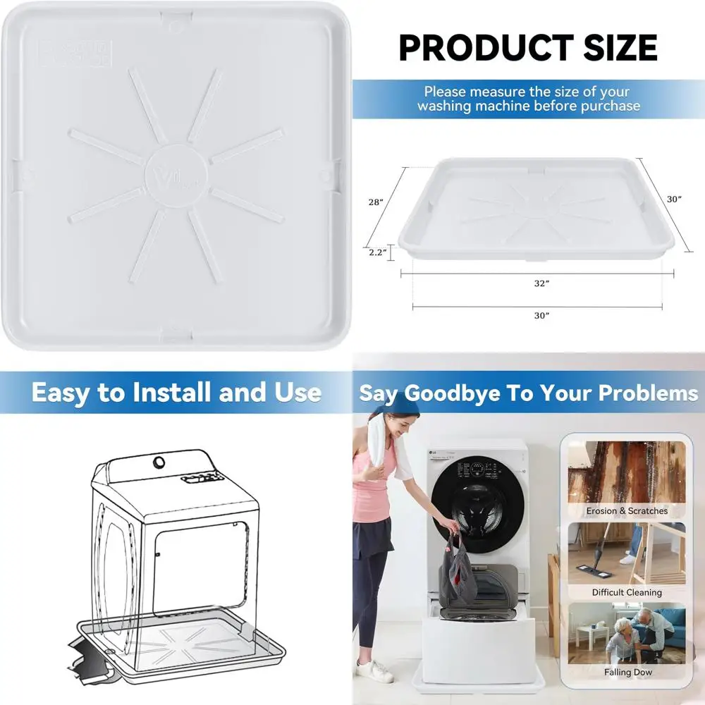 

Durable Heavy-Duty Plastic Washing Machine Drain Pan - 30x32 Size, Leak Protection for Floors, Includes Drain