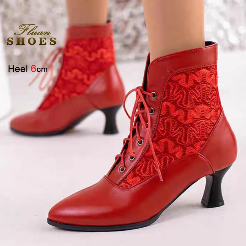 

Autumn Winter Red Women's Ankle Boots Block Heels 6cm Lace Up Spliced Breathable Hollow Lace Mesh Elegant Ladies Footwear Boots