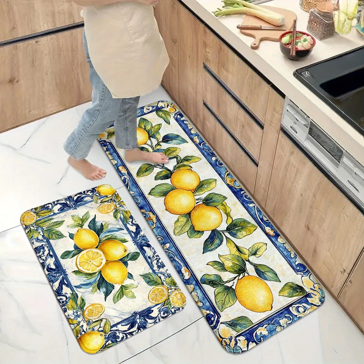 VIKAMA Mediterranes Französisches Zitronen-Küchenmatten-Set im Nordischen Stil, Rutschfeste, Saugfähige, Ölresistente Läufermatte für Schrankböden