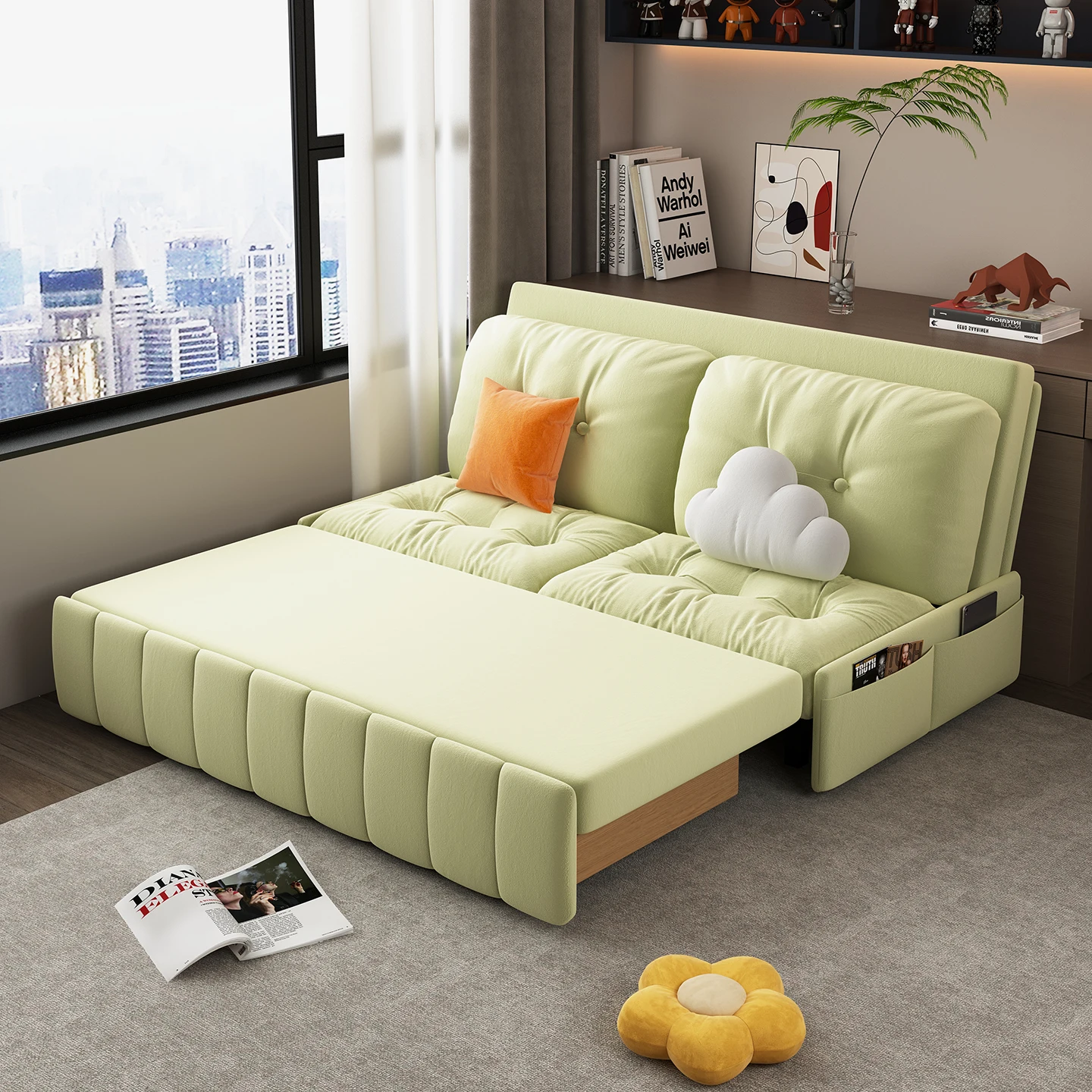 

French sofa bed cream wind combed bed multi-functional push-pull folding dual-purpose small apartment without armrests