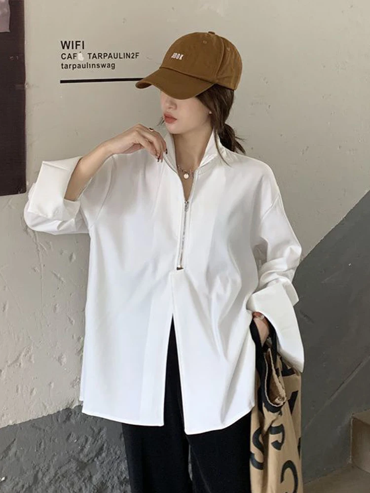 

Zadily женская белая футболка с отложным воротником, рубашка на молнии спереди с длинными рукавами, негабаритная повседневная уличная футболка