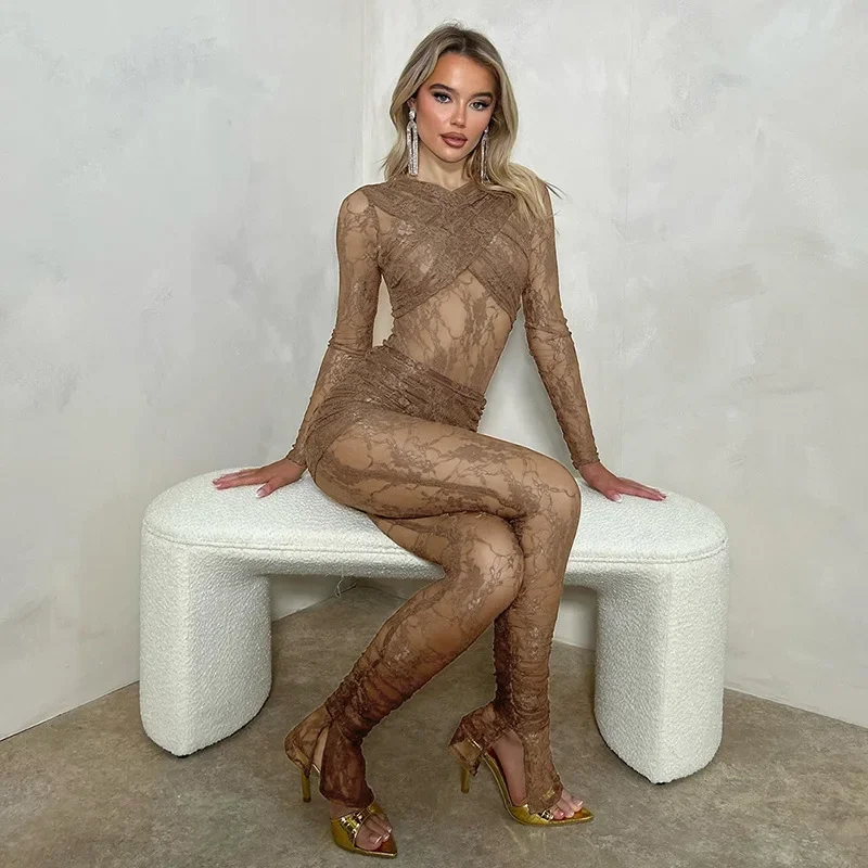 Women's 2023 New Stitched Lace See-through Jumpsuit Short Skirt Two-piece Set Elegant Sexy Party Club Outfit Vestidos