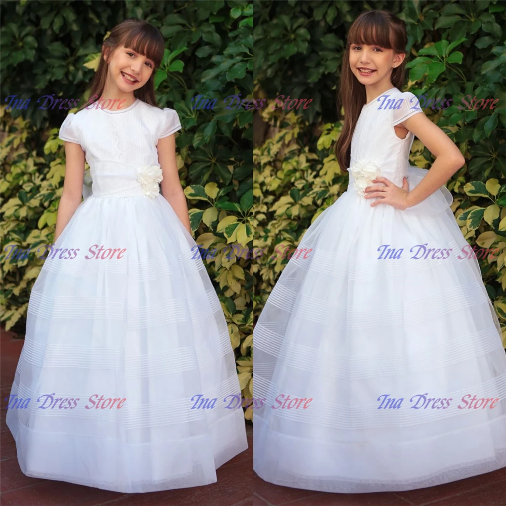 

White Elegant Baptism Communion Dresses Satin A-Line Flower Girls Dress For Kid Birthday Wedding Bridesmaids Party Evening Gowns
