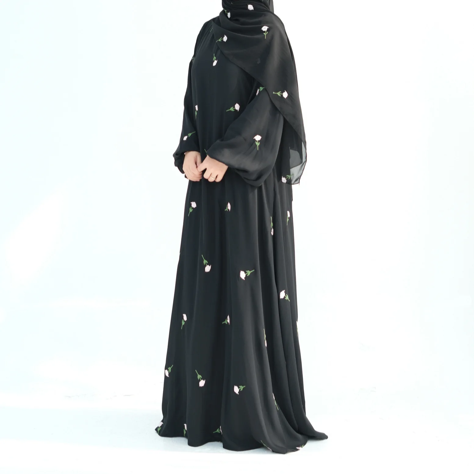 Dubai Turkey Muslim Women Long Maxi Loose Dress Flower Embroidered Dress Abaya Robe