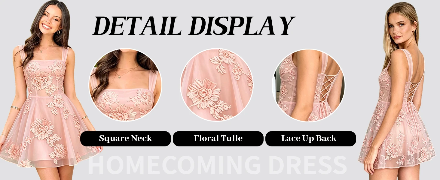 Floral Tulle Homecoming Dresses Short Embroidery Lace A-Line Mini Formal Graduation Cocktail Gown