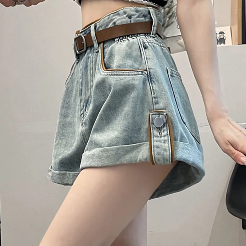 Summer New Denim Shorts Women Loose Elastic High Waist A-line Hot Pants Casual Contrast Color Ladies Shorts Streetwear