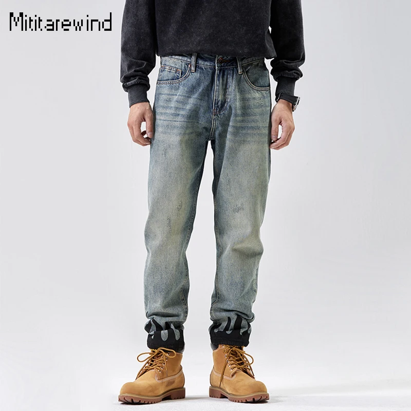 

New Men's Vintage Blue Jeans High Street Distressed Baggy Jeans Washed Flame Print Design Denim Pant Youth Fashion Vibe Trousers