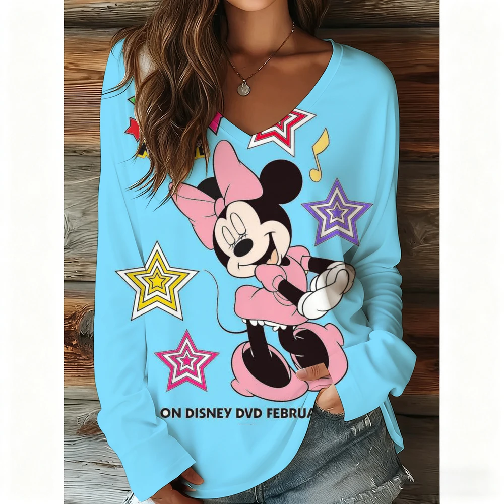 

Women's Disney Mickey Mouse pattern T-shirt Fashion Long Sleeve V Neck Regular Tops Holiday Weekend Spring and Autumn