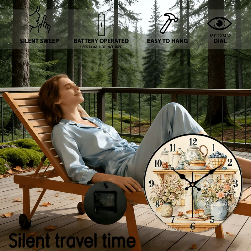 2D Flat 1pc Pastoral Style Wooden Wall Clock/Retro Kitchen Decorative Clock/Home Silent Quartz Clock Silent Round Clock/Perfect Decoration for Bedroom, Living Room, Office, Kitchen And Bathroom/12 Inches (Excluding AA Batteries)