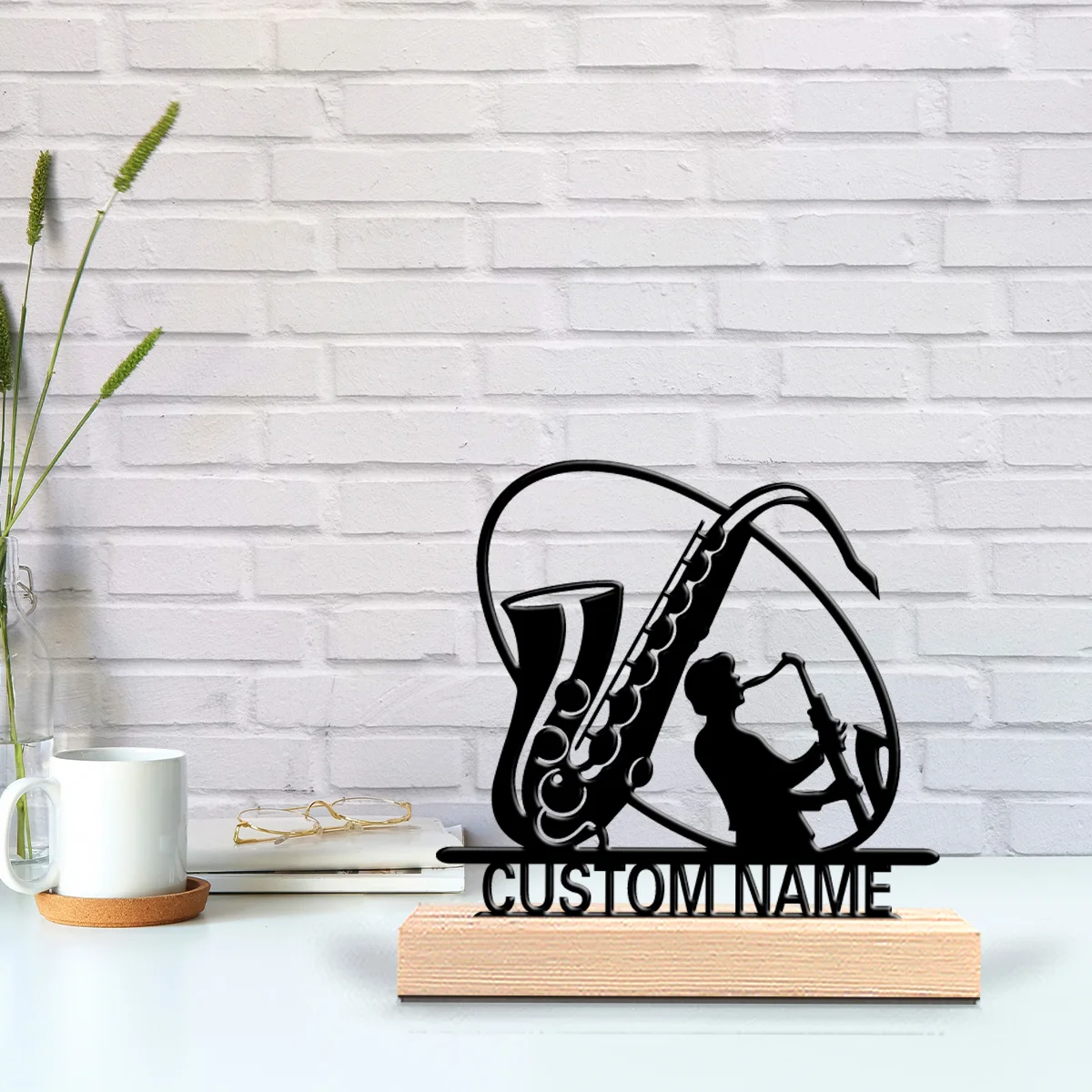 1pc Fashion Personalized Custom Sax Instrument Metal Statues Metal Art With Wooden Base Perfect For Musicians, Valentine Is, Roc