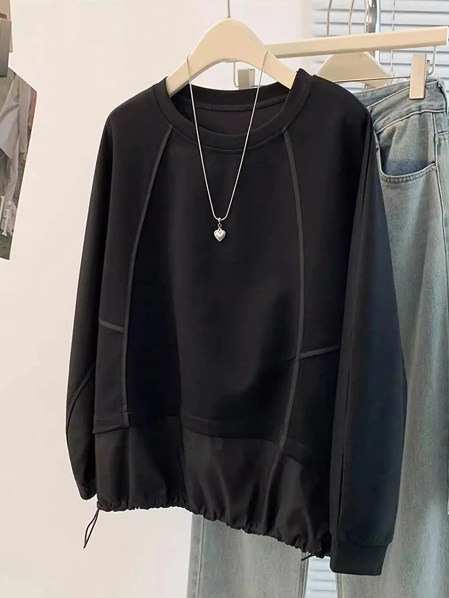 

Loose Long Sve Hoodie Women's plus Size Bla Dstring Bot Hem Slimming Top Trendy Casual Comfortable Streetwear