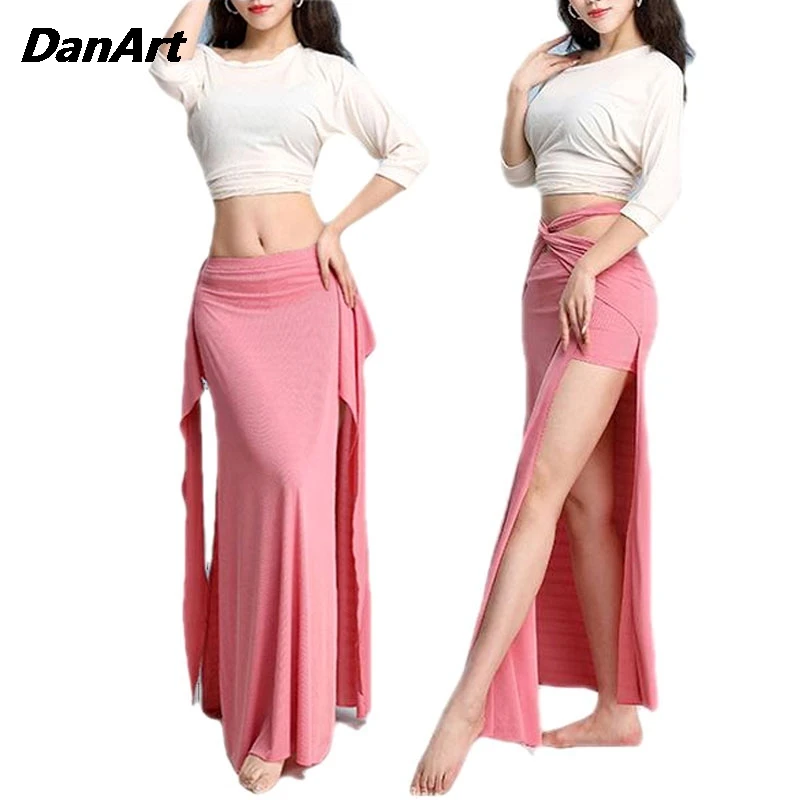 Conjunto de traje de danza del vientre para mujer, Top y falda larga dividida, ropa de diosa de danza Oriental, traje de entrenamiento adelgazante Sexy, 2 uds.