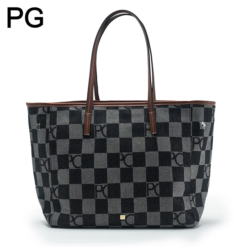 Bolso tipo tote con diseño de tablero de ajedrez, para mujer, de gran capacidad, con detalles en cuero y asa de lona, ideal para el uso diario, para ir al trabajo o para viajar.