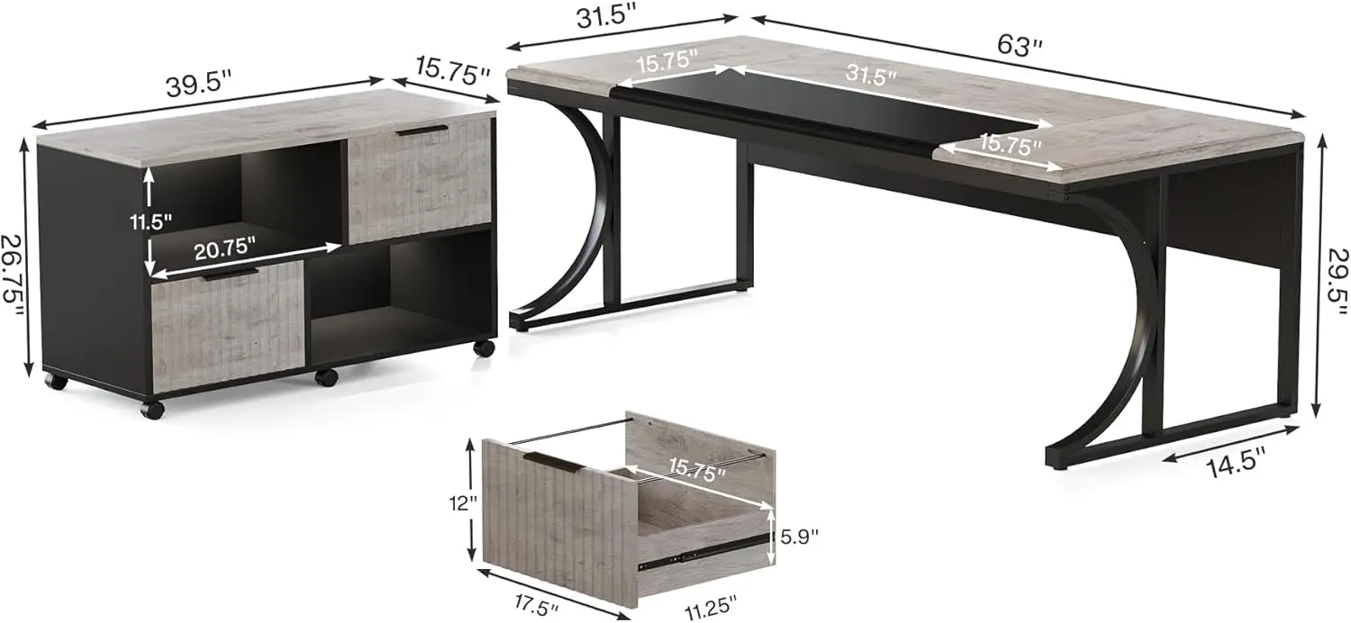 Tribesigns Large L Shaped Executive Desk And Mobile File Cabinet With Led Light Combo, 63 Inch Computer Desk Office Desk