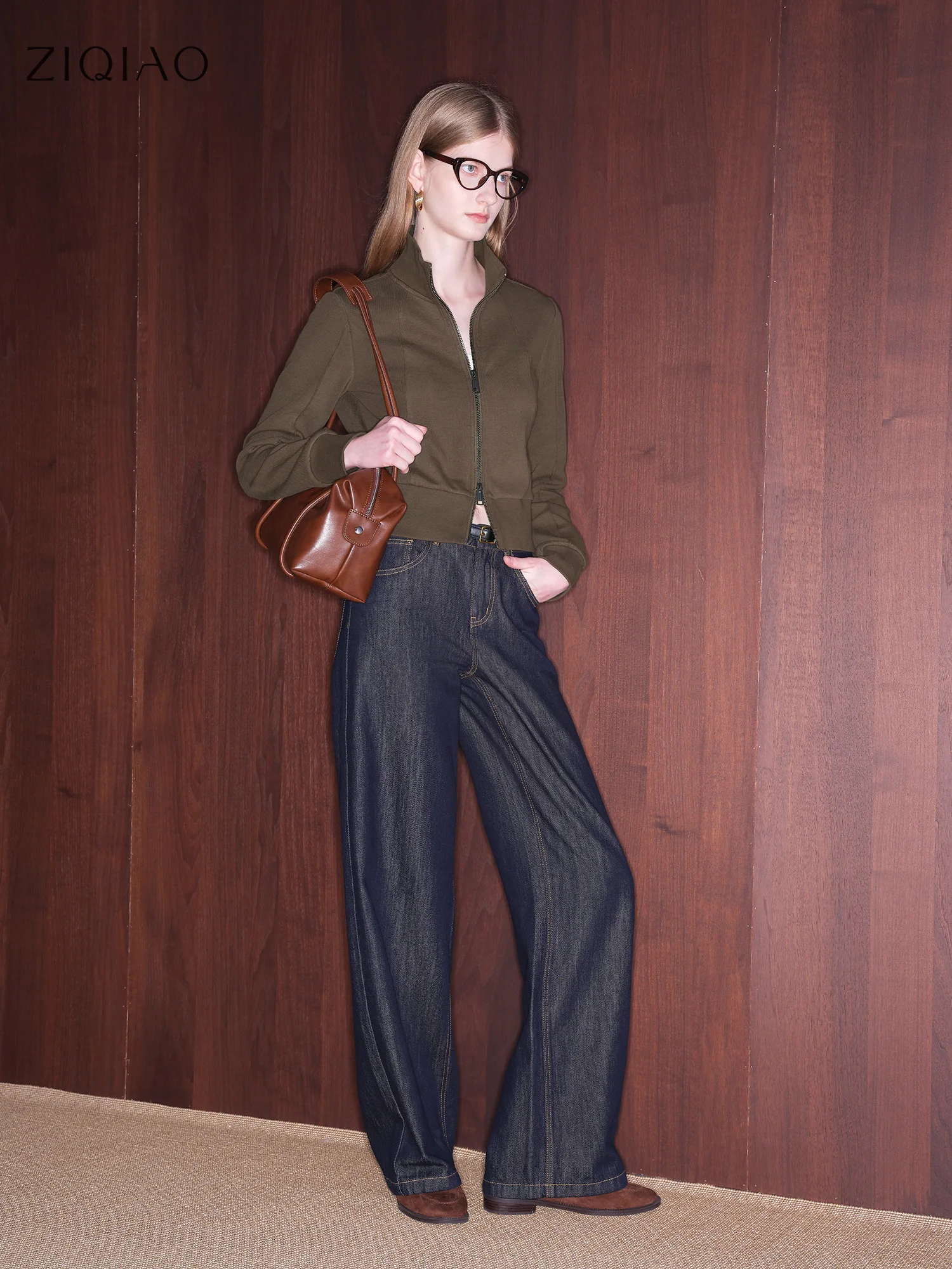 

ZIQIAO Petite Stand-Up Collar Hoodie Jacket 2025 New Autumn Collection Waist Cinching Slimming Open-Front Top 25ZQ93099