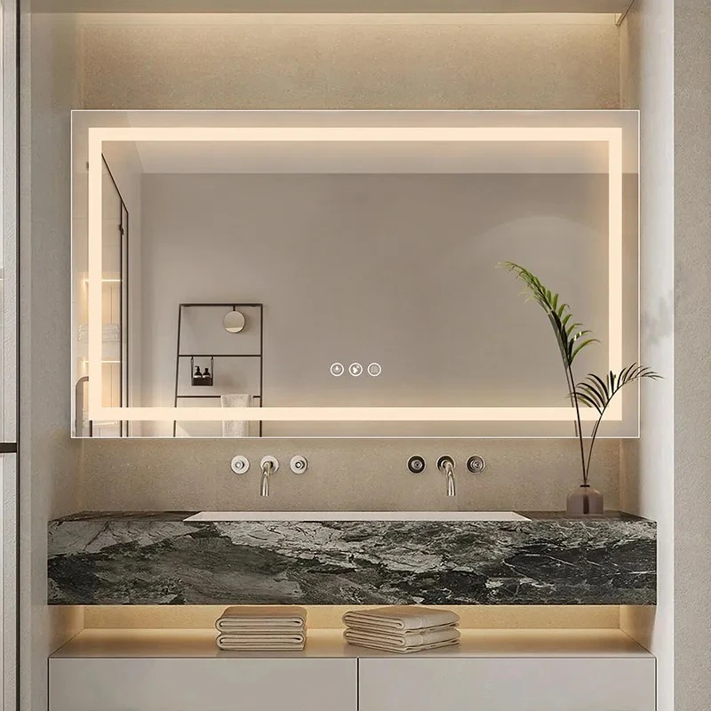 Smart LED Bathroom Mirror with Backlit Box Touch Screen Wall Mounted Vanity Light for Hotel Powder Room Anti Fog Defogging