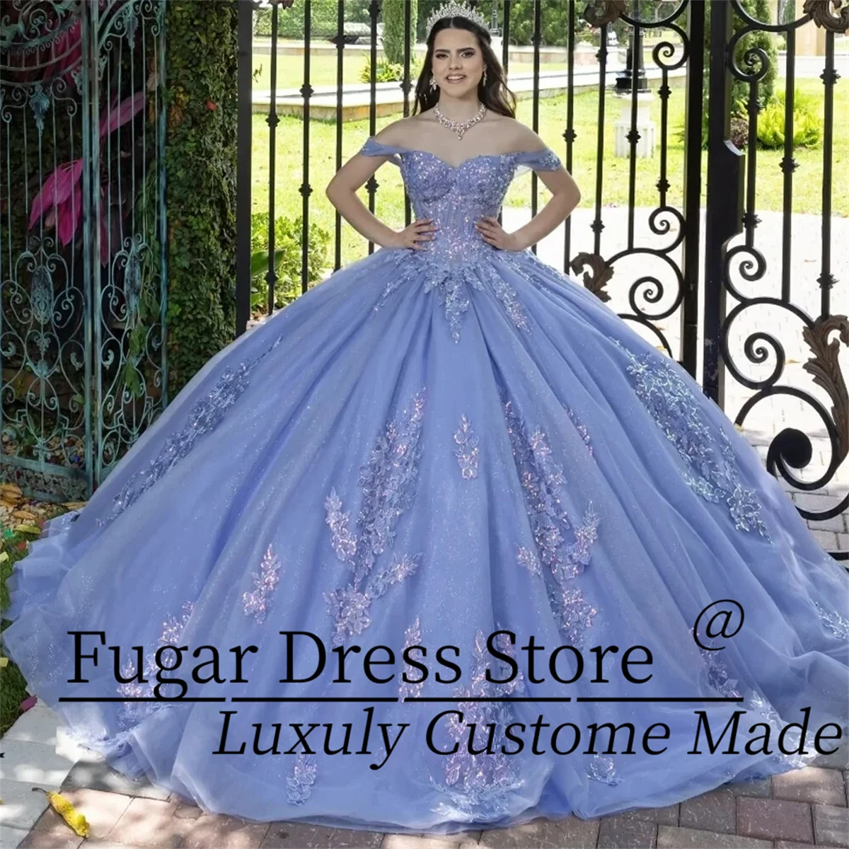 

Блестящие платья Quinceanera по индивидуальному заказу, высококачественные бальные платья с открытыми плечами и аппликацией на день рождения с открытой спиной, платья de15 quinceañera