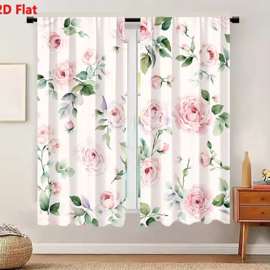 2Pcs Curtains 2D Flat Seamless Floral Pattern With Watercolor Roses And Green Leaves On Pale Pink Background Window Drapes for B