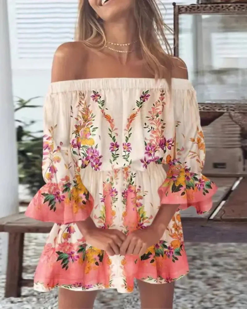 Women's Off Shoulder Floral Print Mini Dress - Ruffled Bell Sleeve Boho Casual Dress for Summer Beach Party
