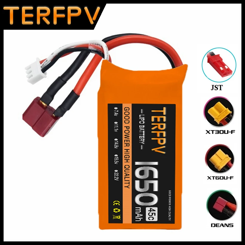 TERFPV 2S Battery 7.4V 1650mAh Lipo Battery 45C for RC Helicopter Car Boat Quadcopter Drone Truck Lightweight T/XT30/XT60/JST