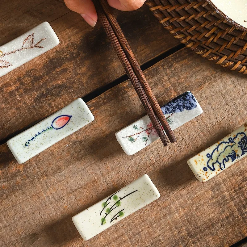 Japanese Retro Chopstick Holder Set of 2, Wave Cloud Ceramic Cutlery Rack, Compact Table Decor for Home & Restaurant