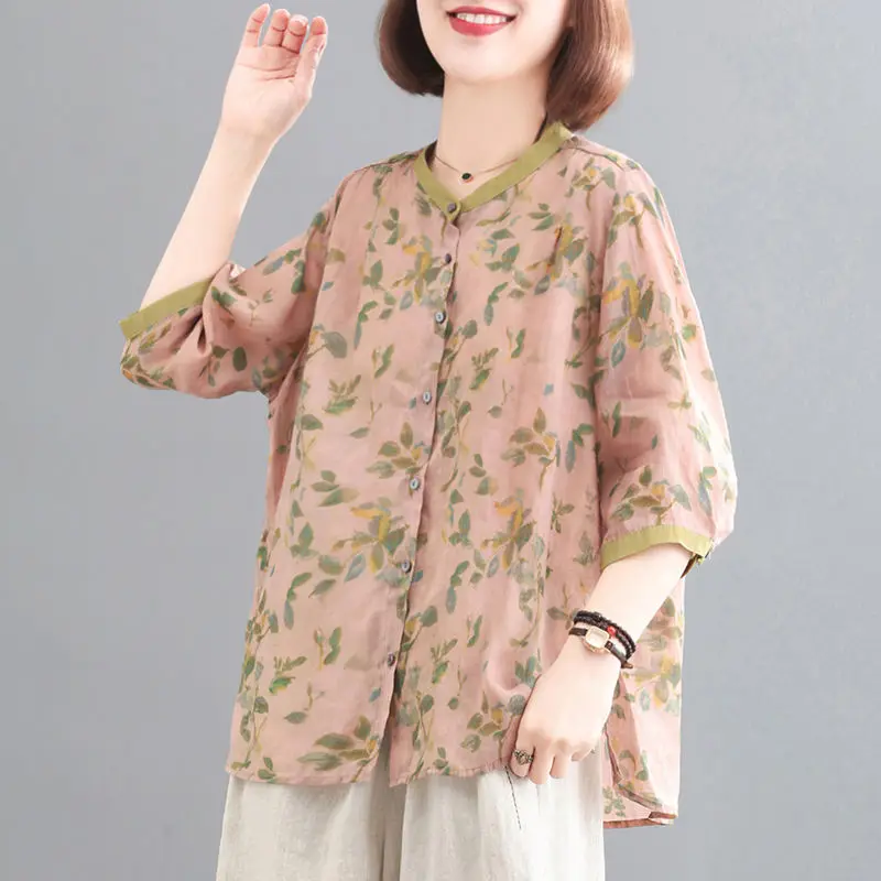 Summer Literary Vintage Ethnic Style Printing Cotton Shirt Ladies Half Sleeve Loose Casual All-match Pullovers Women Blouse Top